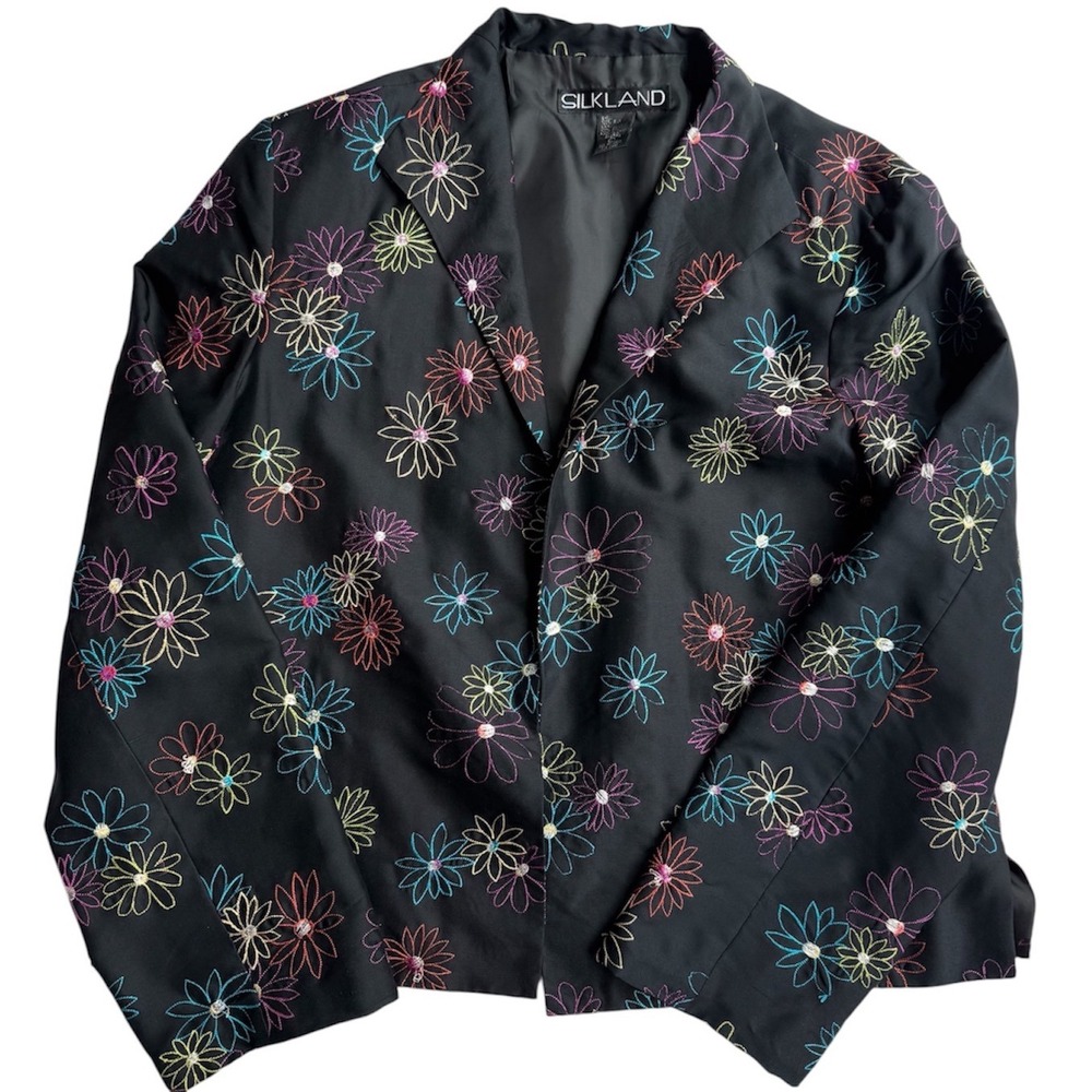Silkland 100%Silk Vinatge Embroidered Floral Blazer Jacket Black Multicolor Larg